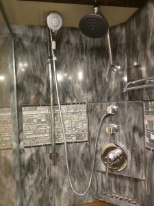 2016 Tiffin Allegro Bus 45OP Shower -- Note the controls in the back corner (2015 model they were in the middle of the wall on the right)